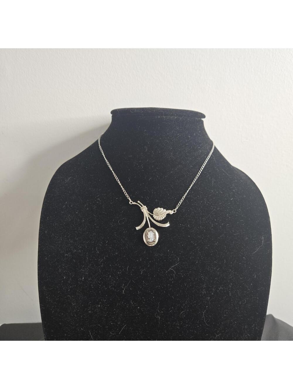 AMCO Sterling Cameo Necklace Vintage Lady Portrait Dangle Pendant Floral